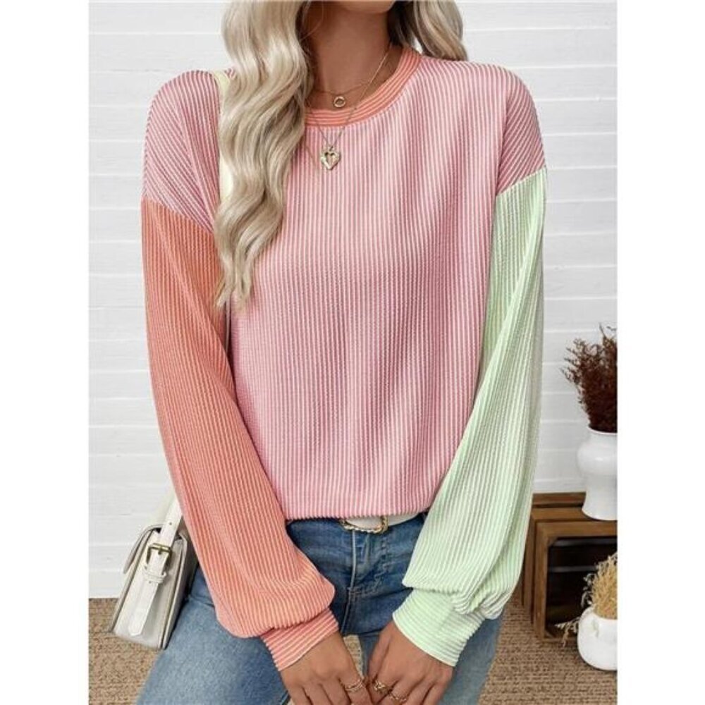 Color Block Ribbed Long Sleeve T-Shirt